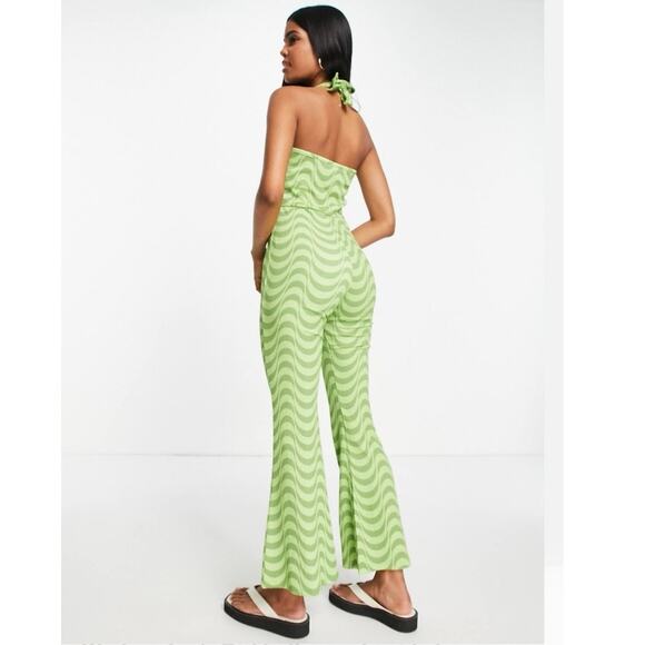 Wednesday's Girl Green Halter Retro Sleeveless Striped Flare Jumpsuit Size S - Picture 3 of 8